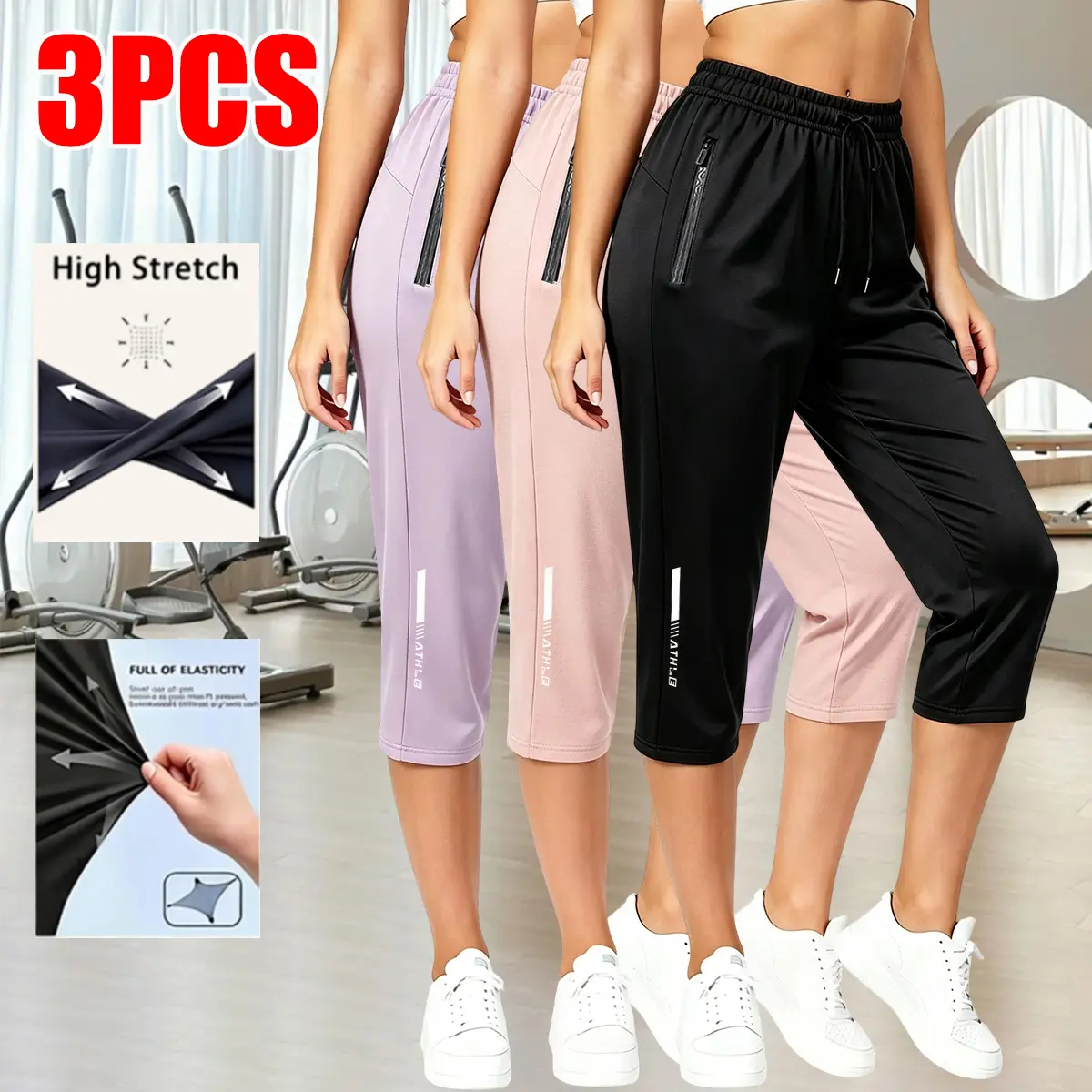 3-pack European and American-style yoga athletic capri pants for summer—lightweight, breathable, elastic waistband, casual straight-leg design; vacation-inspired, laid-back style; fashionable and distinctive.