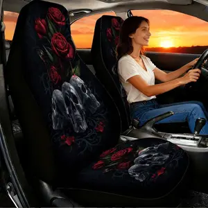 Gothic-style skull and red rose car seat covers in a set of 2, suitable for the front seats. With a high backrest design, of high quality material, compatible with cars, SUVs and trucks. Women's car accessories, Car Seat Cushion