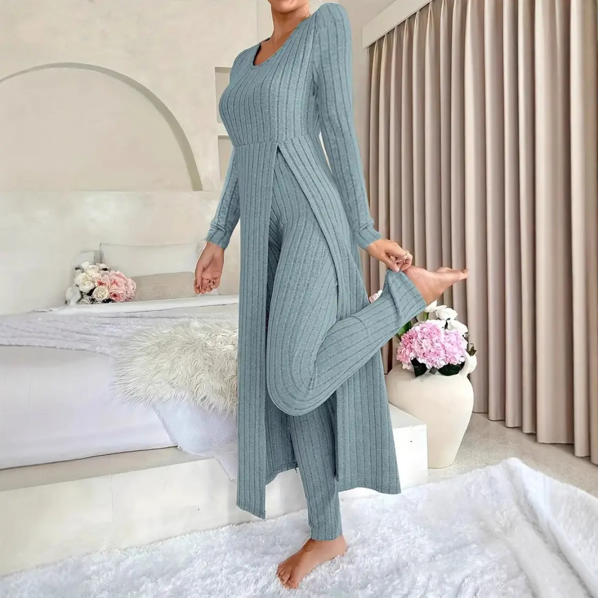 Women's 2-Piece Minimalist Style Casual Long-Sleeve Outfits - Solid & Striped Slit Maxi Dress with Warm Fitted Pants Set, Plus Size Elegant Womenswear for Autumn & Winter Daily Outings, Elegance