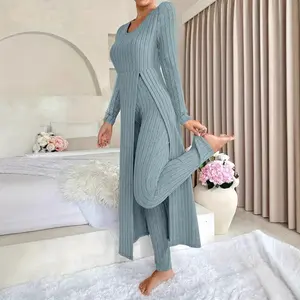 TFNOSIZE Women's Solid & Striped Long-Sleeve Slit Maxi Dress with Warm Fitted Pants Set, suitable for keeping warm during daily outings in autumn and winter.