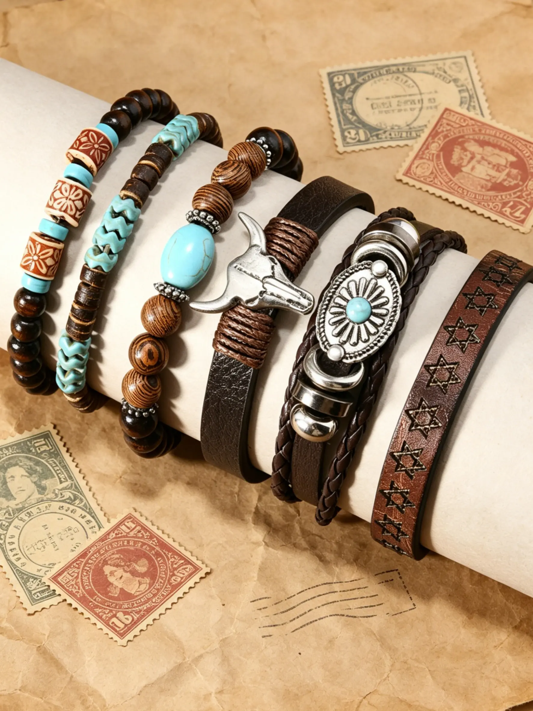 6 Piece Set Western Cowboy Style Leather Cow Head Faux Turquoise Coconut Shell Bracelet Set, Vintage Bohemian Casual Versatile Hand Jewelry, Boho Style Jewelry, Stackable Bracelets, Beaded Bracelets