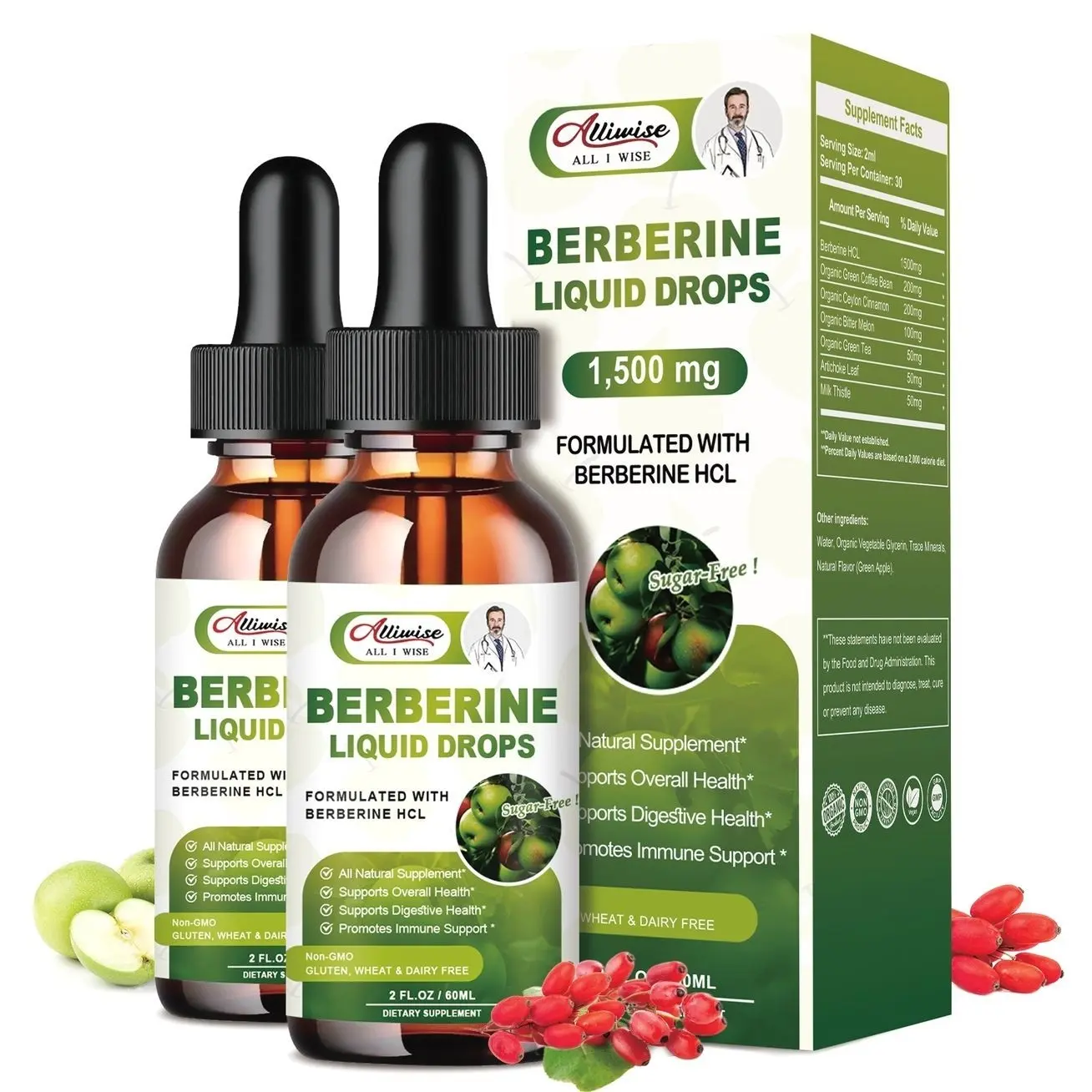 (2 Pack)Organic Berberine Supplement Liquid Drops - Premium Berberine HCL 1500mg with Pure Ceylon Cinnamon-7 in 1 Natural Ingredients
