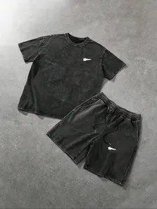 Men's Star Print Tee & Drawstring Waist Shorts Velvet Pyjama Set, Regular Fit Casual Comfy Round Neck Short Sleeve T-Shirt & Shorts PJ Set, Pajama Set, Men's Summer Sleepwear Loungewear