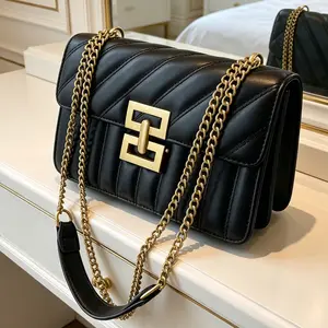 Women’s Trendy Diagonal Quilted Chain Crossbody Bag, Gold Square Buckle PU Leather Shoulder Purse, Dual‑use Strap Stylish Sling Bag, Versatile Casual Handbag for Daily Commute Shopping Travel Dating
