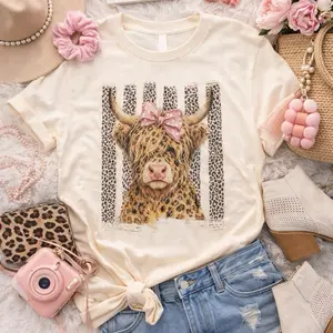 Highland Cow Tee - Ivory, Short Sleeve, Crew Neck, Casual Style, Featuring a Leopard Print Design, Perfect for Everyday Wear