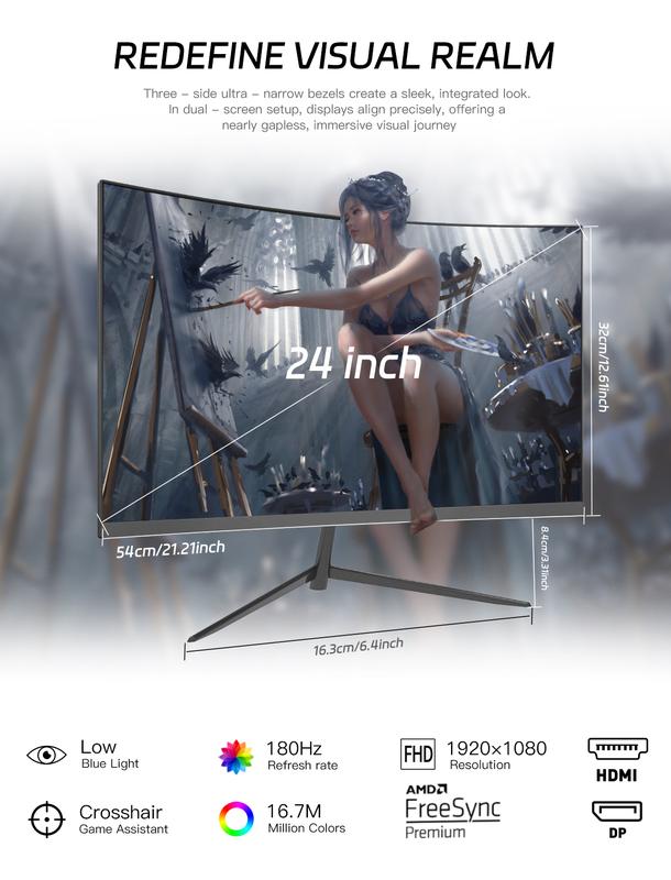 New 24" 180Hz Curved Gaming Monitor FHD 1080P 1ms Response FreeSync Ultra-Thin VESA Ready for PS5 Xbox PC #Black Friday