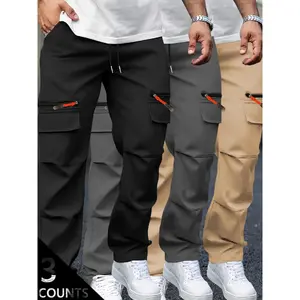 Men's 3-Pack Tactical Cargo Pants - Black, Grey & Khaki Colors - Zipper Pockets, Drawstring Waist, Elastic Cuffs - Lightweight Fabric - Perfect for Outdoor, Work, Streetwear - S-3XL Sizes