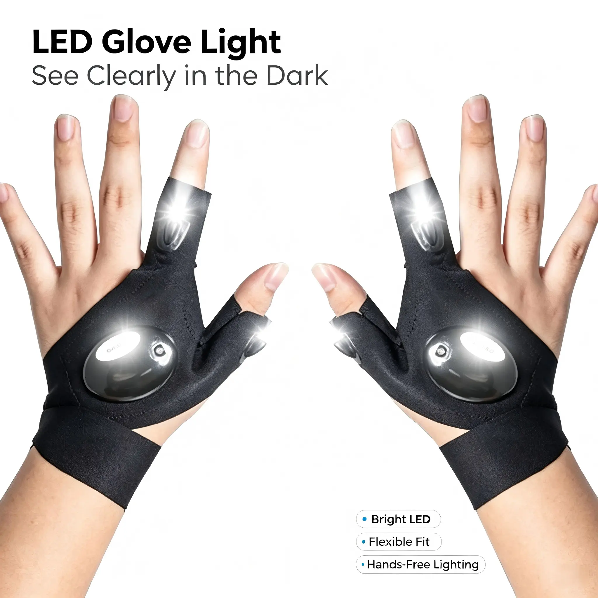 LED Finger Flashlight Gloves - One Size, Adjustable Strap, Flexible Fit Hands-Free Lights for Hiking/Fishing, Outdoor Tasks, Repair