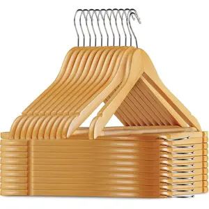 20 Pack Premium Wooden Suit Hangers - Smooth Natural Finish Heavy Duty Wood Coat Hangers - 360 Swivel Hook and Notches Clothes Hangers with Non Slip Pants Bar for Shirt, Jacket, Pant, Dress Hangers