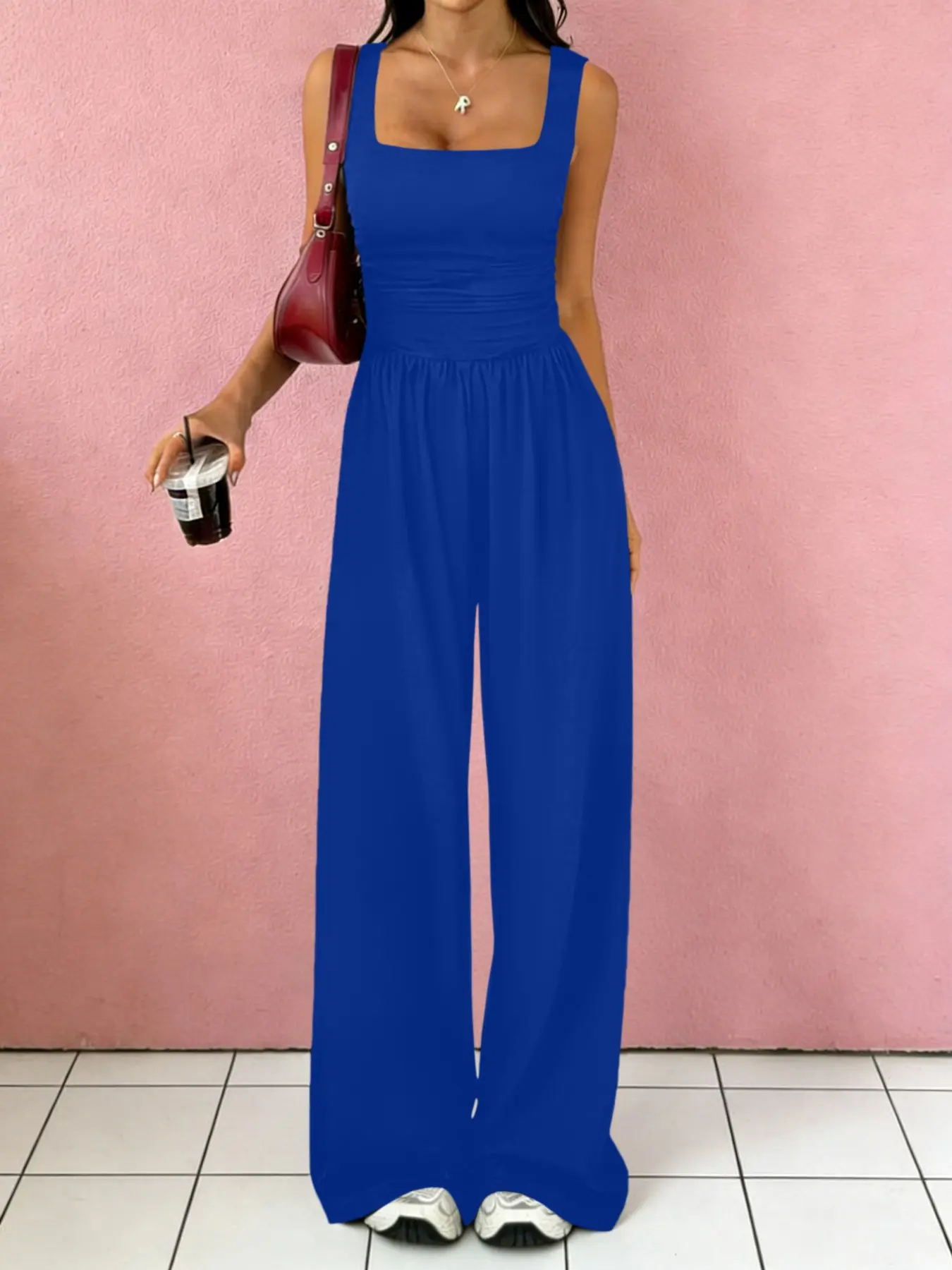 New Sexy Chic Minimalist Basic Plain Solid Sleeveless Camisole + Casual Wide Leg Pants Two-Piece Set Outfit, Fitted Long Regular Fit, All Seasons Fashion, Women's Clothing, Summer Loungewear Sets, Palazzo Set, Womenswear