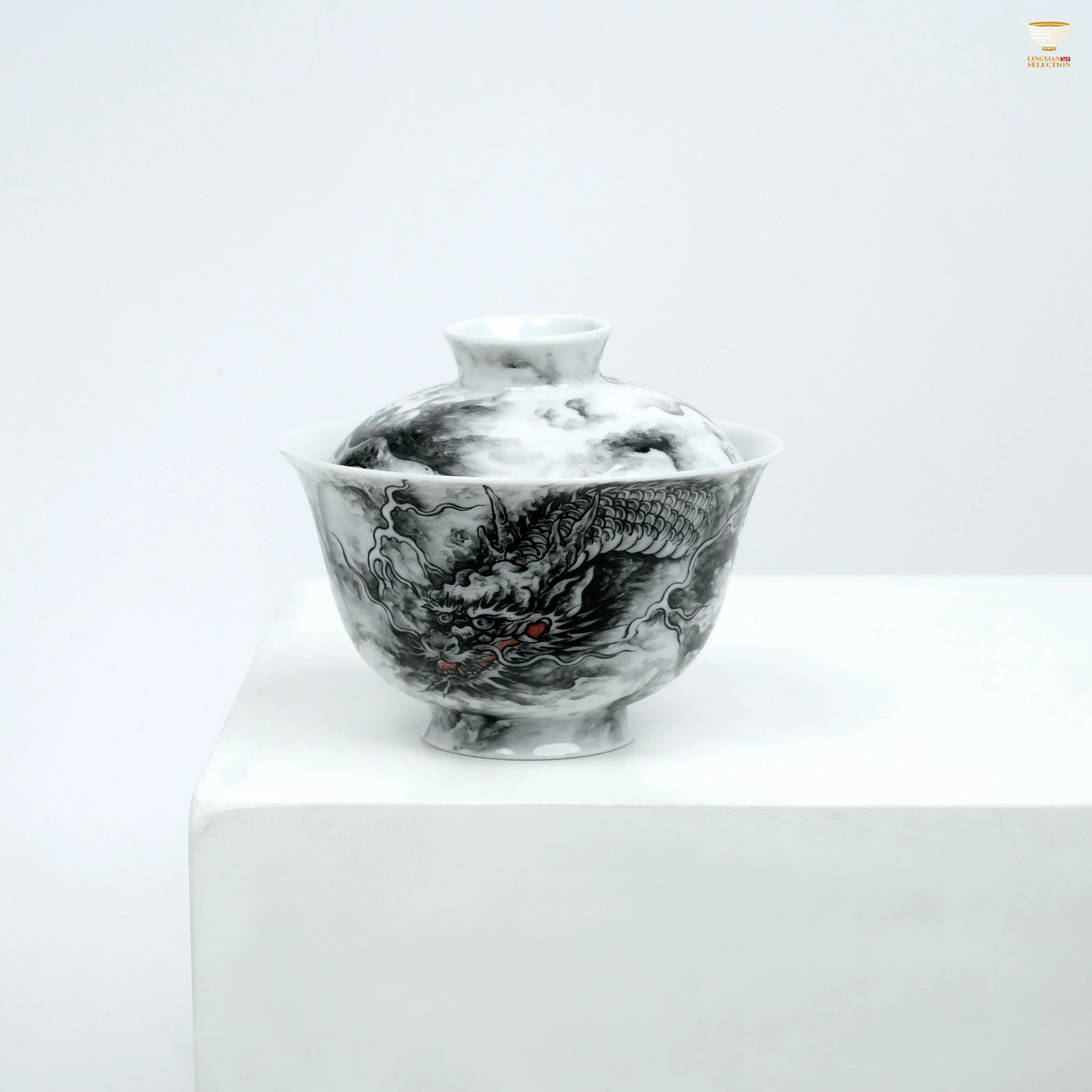 Gushan Kiln Shadow · Ink Dragon Gaiwan,Cup and Plate | Jingdezhen Porcelain Gongfu Tea Set | Hand-Painted Ink-Style Dragon Motif Teaware