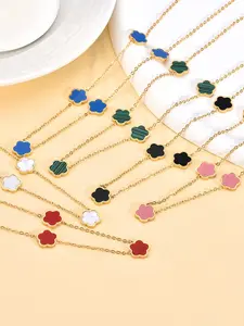 Women's Stainless Steel Chain Necklace, Five-Leaf Clover Design, Multicolor Lucky Grass Jewelry, Casual Wear Accessory for Women, Friendship Necklace