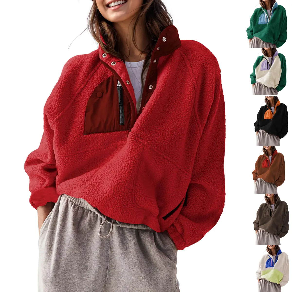 Women's Chic Casual Color Block Fleece Pullover, Long Sleeve Oversized Cropped Sherpa Sweatshirt with Half Snap Collar and Zipper Pockets, Style, Baggy, Soft, Tops, Fabric, Fuzzy, Coat, Lady, Hoodie, Basic, Longsleeves