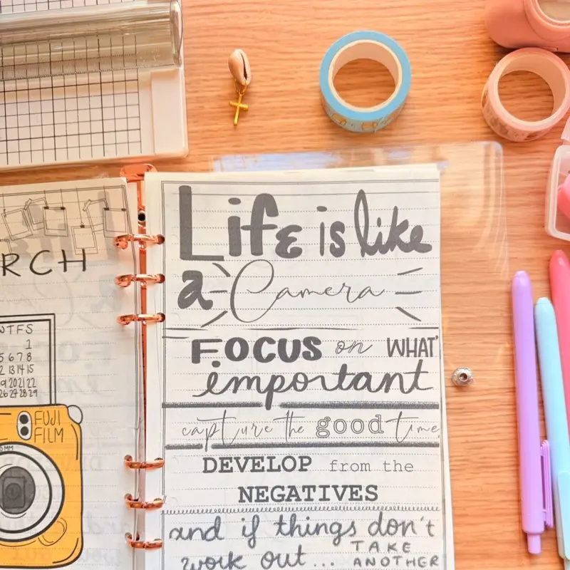 Pre-Designed Bujo - Hand-Drawn Bullet Journal with Inspirational Quotes Life is Like a Camera Focus on What's Important for Note-Taking & Planning Needs