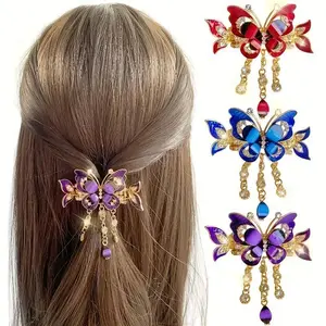 3pcs Bohemian Butterfly Tassel Hair Clips with Rhinestones - Vintage-Inspired Alloy Hair Accessories for Women, Elegant Hairpins for Updos, Ponytails & Buns, No Power Needed, Hair Accessories for, Bunmaking Accessories, Bohemian Style, Rhinestone Embelli