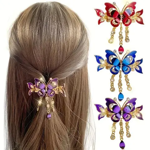 3pcs Bohemian Butterfly Tassel Hair Clips with Rhinestones - Vintage-Inspired Alloy Hair Accessories for Women, Elegant Hairpins for Updos, Ponytails & Buns, Hair Accessories for, Bunmaking Accessories, Bohemian Style, Rhinestone Embelli