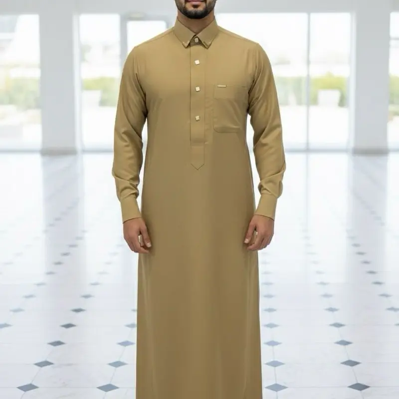 Men's Qatari Thobe - Traditional Beige Long Sleeve Button-Up with Chest Pocket for Comfort and Style