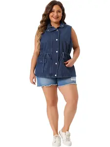 Agnes Orinda Plus Size Utility Vest for Women Lightweight Sleeveless Anorak Cargo Drawstring Jean Denim Jacket