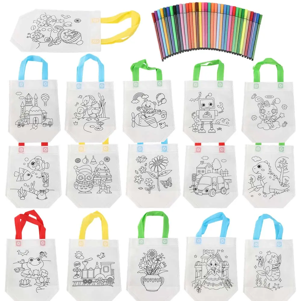52 Pcs DIY Coloring Graffiti Bag Set,Including 16 DIY Sngle-sided Graffiti Non-woven Bag and 36 Color Watercolor Pen,Ideal for Party,Gift Wrapping,Craft,Halloween,Christmas,Fathersdaygift,Hand Tools Kits