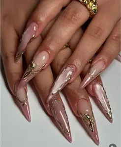 Bubble Nailart | Nude Blush Pink Ombre Gold Chrome Frame Sheer Milky Base, Metallic Molten Gold Outline, Pearl Shimmer Accent | Long Stiletto | Handmade Reusable Luxury | Press On Nails Fake Nails Gel Nail | 2026 Trend | Glossy Chrome Design