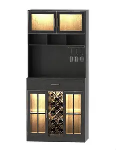 HOOBRO Multifunctional Bar Cabinet, Coffee Bar Cabinet with LED Light Strip, Microwave Cabinet with Glass Doors, Modern Kitchen Storage Organizer, for Living Room, Kitchen, and Dining Room, Black #SpringSale #BigSpringSale