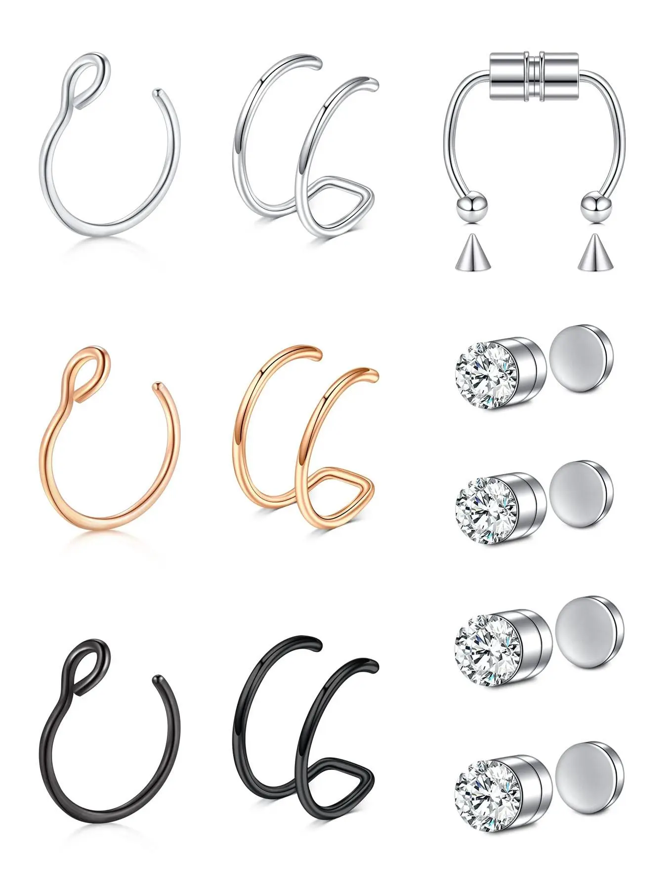 Rhinestone Decorated Faux Nose Ring (13pcs/set), Nose Rings Set, Stainless Steel Magnetic Nose Ring, Non-piercing Nose Ring for Women & Men, Non Piercing Body Jewellery, Fashion Accessories for Party, Daily Clothing Decor