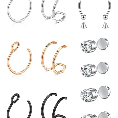 13pcs/set Rhinestone Decorated Faux Nose Rings, Stainless Steel Magnetic Nose Rings Set, Non-Piercing Body Jewellery for Women and Men, Fashion Accessories for Party and Daily Wear, Non Piercing Jewelry