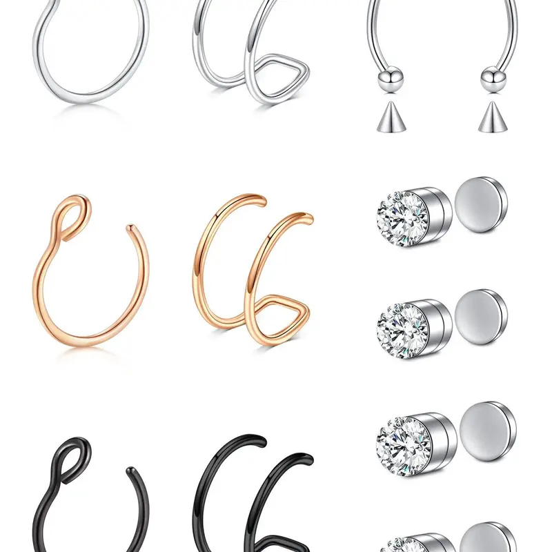 13pcs/set Rhinestone Decorated Faux Nose Rings, Stainless Steel Magnetic Nose Rings Set, Non-Piercing Body Jewellery for Women and Men, Fashion Accessories for Party and Daily Wear, Non Piercing Jewelry