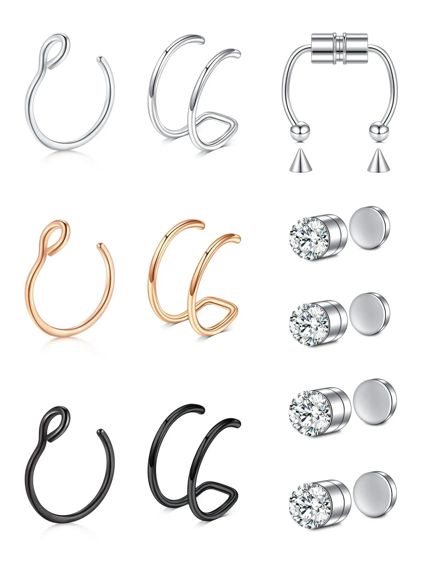 Rhinestone Decorated Fake Nose Ring (13pcs/set), Stainless Steel Magnetic Nose Ring, Non-piercing Nose Ring for Women & Men, Fashion Accessories for P