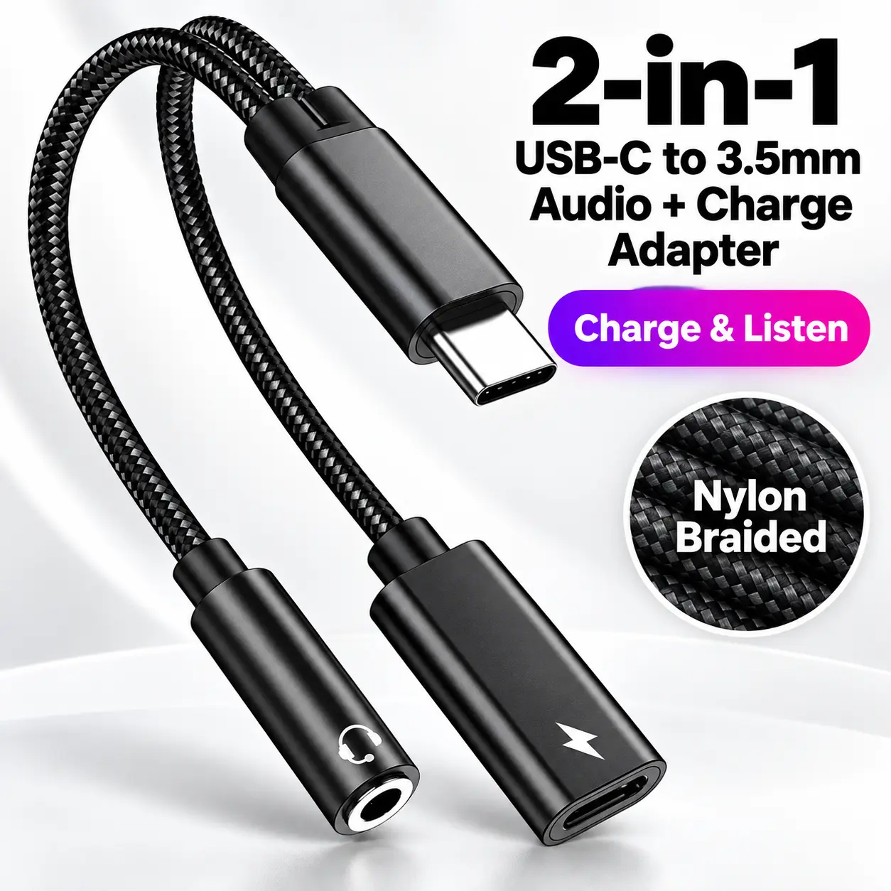 2-in-1 USB-C to 3.5mm Headphone Jack Adapter with Charging, Type-C AUX Audio & Charger Converter, Plug & Play for iPhone Samsung Android