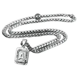 Meraki  Cool Men's Silver Color Letter Pendant Necklace, A-Z Letter Style 22-Inch Cuban Chain Pendant Jewelry, Suitable for Daily Wear