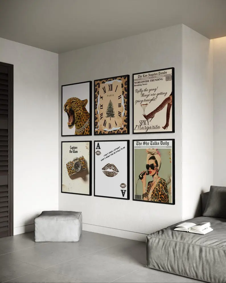 Pop Art Leopard Wall Art Set of 6 – Glam Retro Fashion Prints, Bold Leopard Decor, Modern Pop Art Posters for Living Room