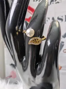 Gold Leaf and Pearl Bypass Ring | Adjustable Open Wrap | Nature Inspired Jewelry