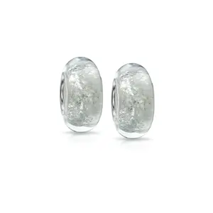 Sterling Silver Murano Glass White Glitter Foil Rainbow Spacer Charm Bead for Bracelet (Set of 2)