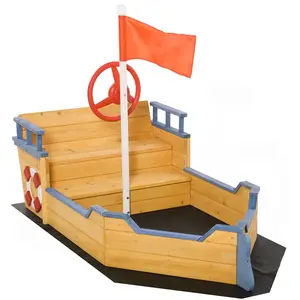 Outsunny Wooden Play Boat /Kids Pirate Sandbox | Outdoor Sandboat with Bench Seats, Storage, Non-Woven Fabric Cloth for Backyard, Lawn