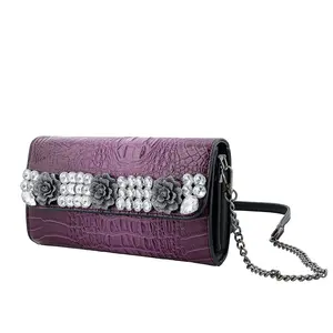 Purple Crocodile Embossed Faux Leather Crystal Flower Crossbody Bag