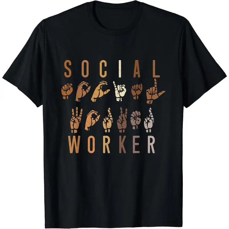 Men's 100% Cotton Vintage Distressed Short-Sleeve Round Neck Casual Graphic T-Shirt - Menswear Streetwear Top with Playful Print, ASL Sign Language Appreciation for Social Workers, All Seasons Wear