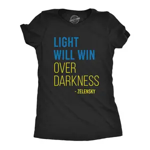 Womens Light Will Win Over Darkness T Shirt Cool Zelensky Ukraine Motivational Tee for Ladies Funny Womens T Shirts Cute Vintage Fashion Casual Ladies T-Shirt Gift Funny Political Top Women's Novelty Tees Black