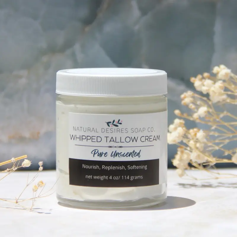 Natural Desires Soap Co. Pure Unscented Whipped Tallow Cream for Sensitive Skin - Fragrance-Free, Handmade in Jacksonville FL, 100% Junk Free, 4 oz