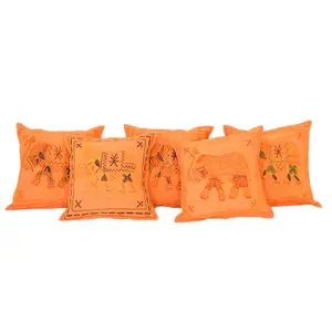 Exotic Kantha Embroidery Elephant Orange Cushion Covers Decorative Pillow Case