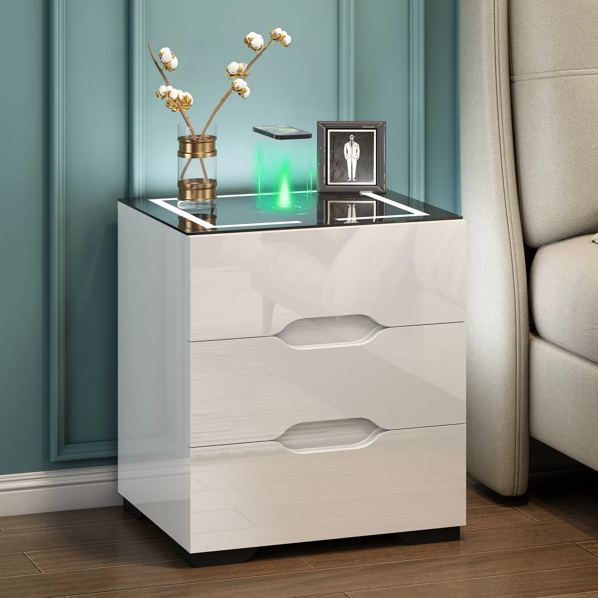 Smart Nightstand with Wireless Charging Station & Adjustable LED Lights, High Gloss End Table with 3 Drawers & USB Charging, Bedside Table Organizer f
