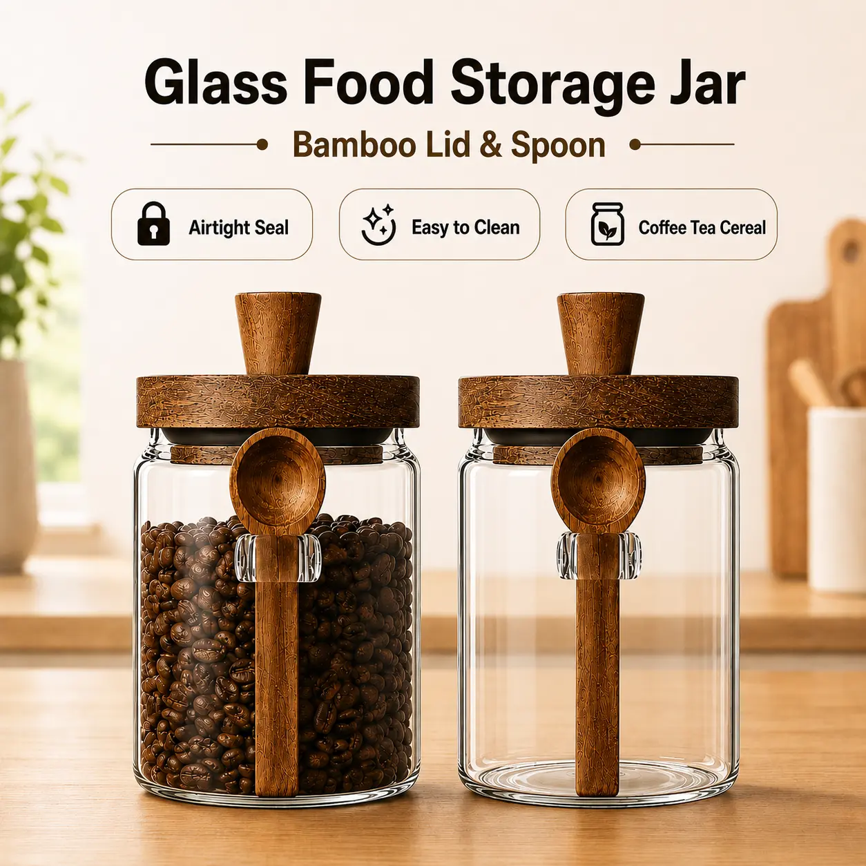 MIUVA 20oz Glass Food Storage Jars with Bamboo Wood Lid & Spoon, Airtight Canisters for Coffee Tea Cereal Spice, BPA Free, 28 Reusable Labels, Dishwasher Safe Handy Utensils, Coffee Sets Containers | Deals For You, Mid Year Sale