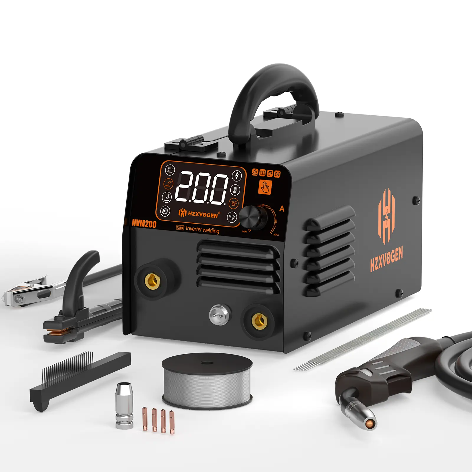 HZXVOGEN HVM200 200A 3-in-1 Gasless MIG Welder - 110V IGBT Inverter, Lift TIG/Stick Capabilities, Automatic Wire Feeding, Large LED Display, 10 lbs (5.2 kg), for Welding Beginners, 1x Instruction Manual, 4x Tip Nozzles, 5x Welding Rods, Welding Beginner