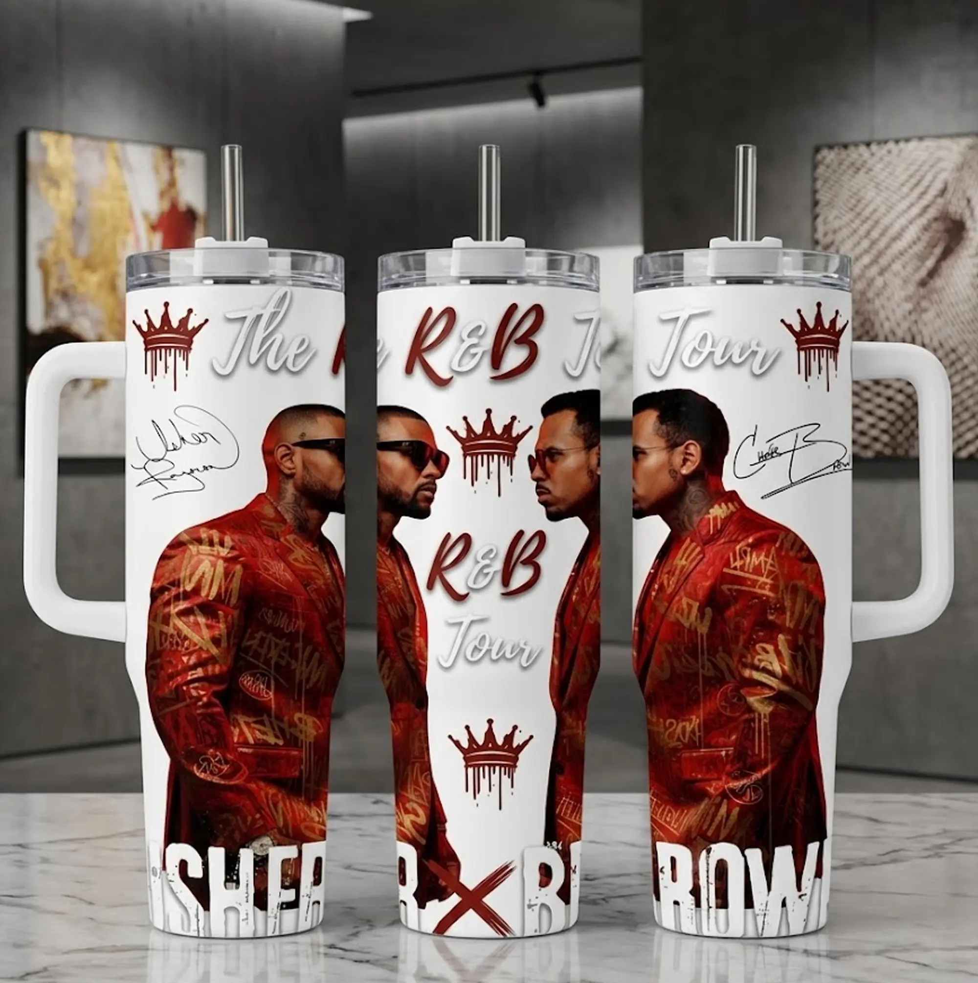 R&B Tour 40oz Tumbler With Handle, Red Jacket Music Fan Travel Cup, Insulated Concert Drinkware With Straw, Gift for R&B Lovers