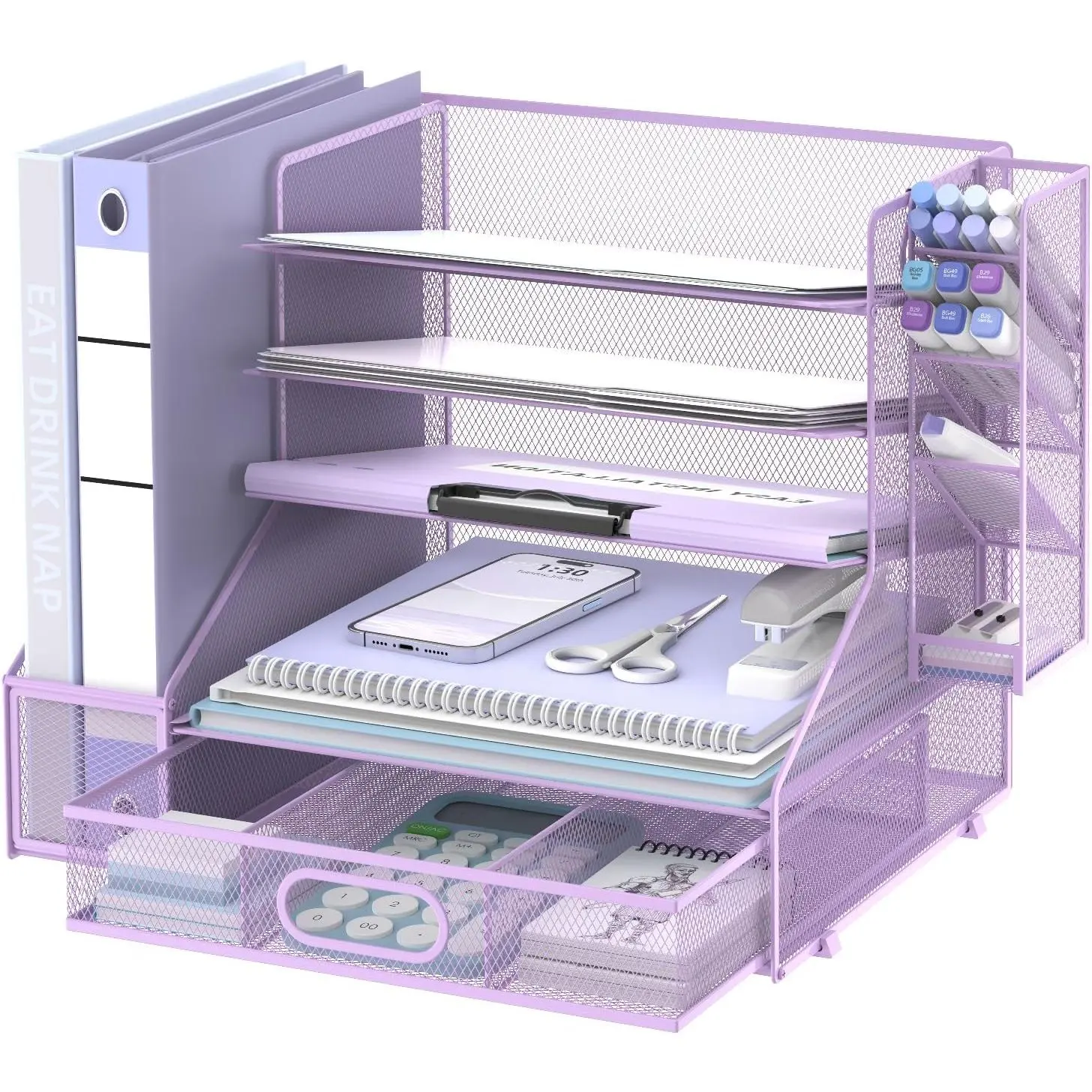 Desk Organizer with File Holder, 5-Tier Mesh Paper Letter Tray Organizer with Pen Holder and Drawer, Desktop Organizer and Storage with 3 Tilted File Sorter for Office Supplies,