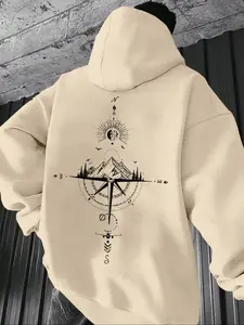 Men's Compass Print Fleece Hoodie, Unisex Casual Versatile Top, Thick Fabric, Fall & Winter Fashion, Fitted Style, Fall Winter Clothes, Graphic Hoodies