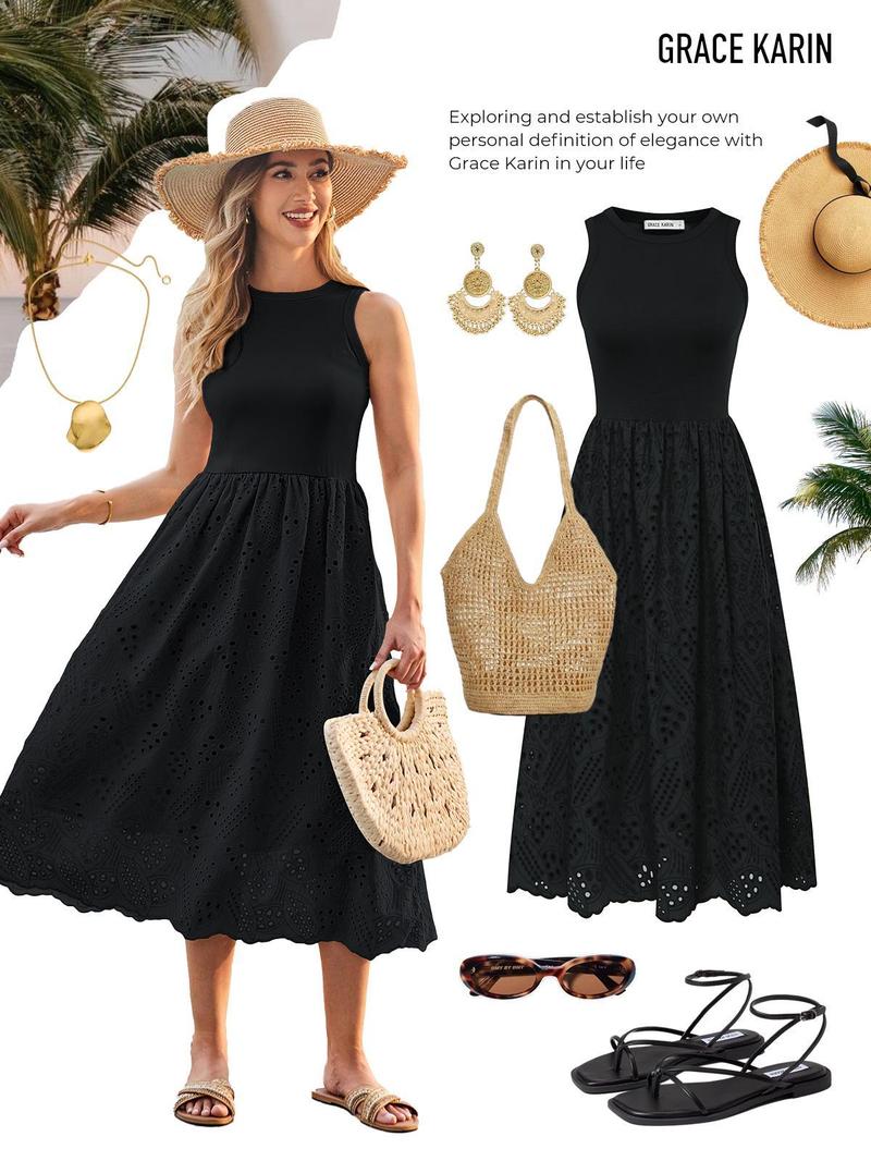 Grace Karin Women Contrast Fabric Mid-Calf Dress Sleeveless Crew Neck Flared A-Line Dress