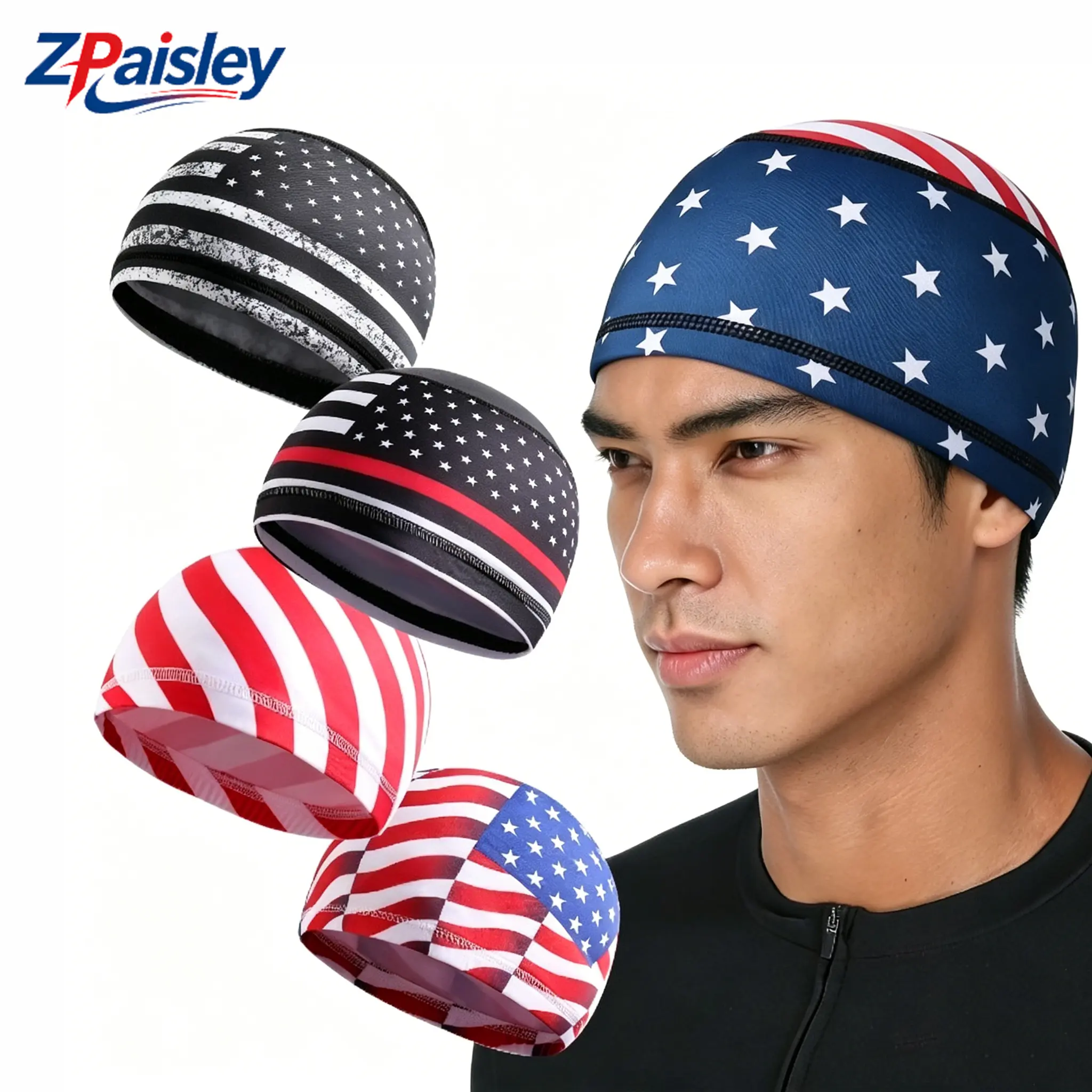 2Pcs/3Pcs American Flag Skull Caps, Sweat Wicking Quick Dry UV Protection Stretchy Helmet Liner, Patriotic US Flag Cycling Running Hat for Fourth of July Outdoor Sports  for Men Women