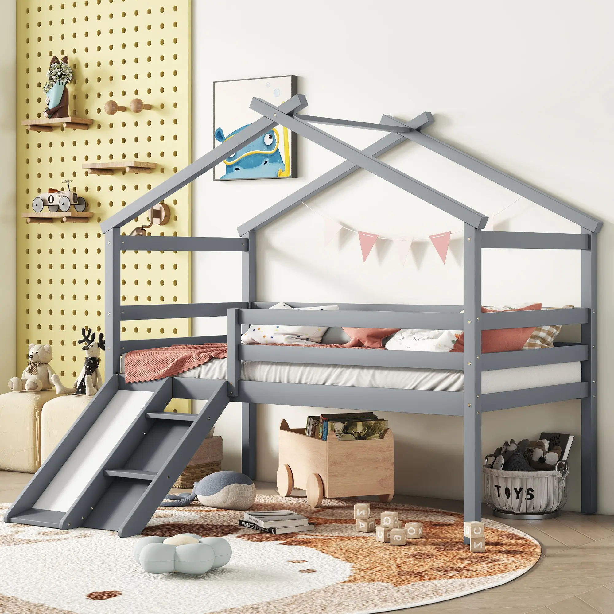 Dreamzon Furniture Minimalist Framed Twin Low Loft Bed - Pine Wood Frame, Storage, Slide, Ladder, Secure Safety Guardrails, House Roof, Easy Setup - Grey