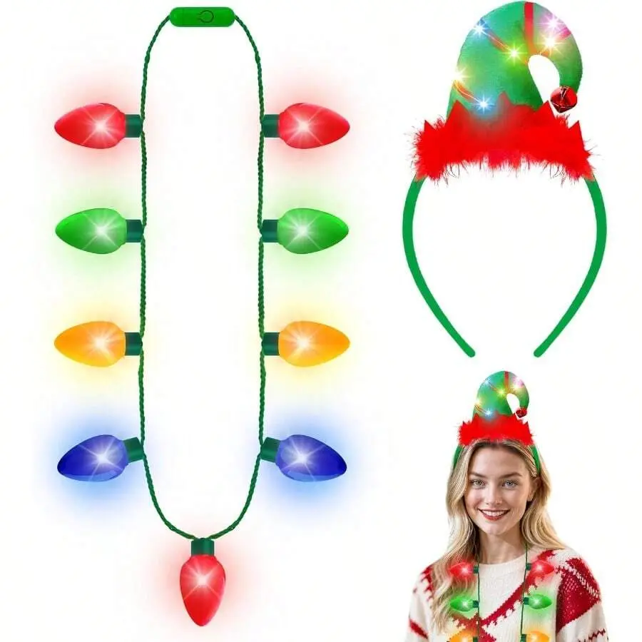 2-Pack Colorful Multicolor Christmas Light-Up Headband and Necklace Set, Xmas Bulb Light Accessories for Party Favors, Holiday Supplies, Halloween
